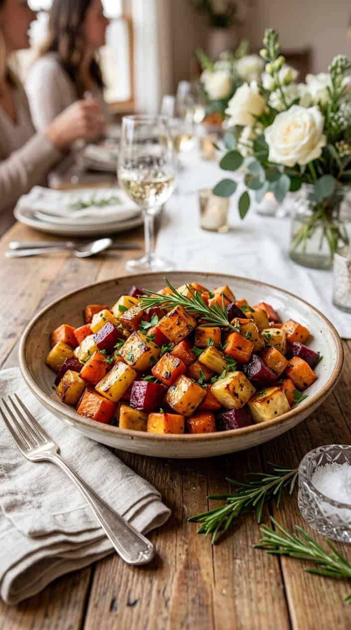A shallow white chafing dish filled with caramelized cubes of roasted sweet potato, carrot, and parsnip, garnished with fresh rosemary sprigs.