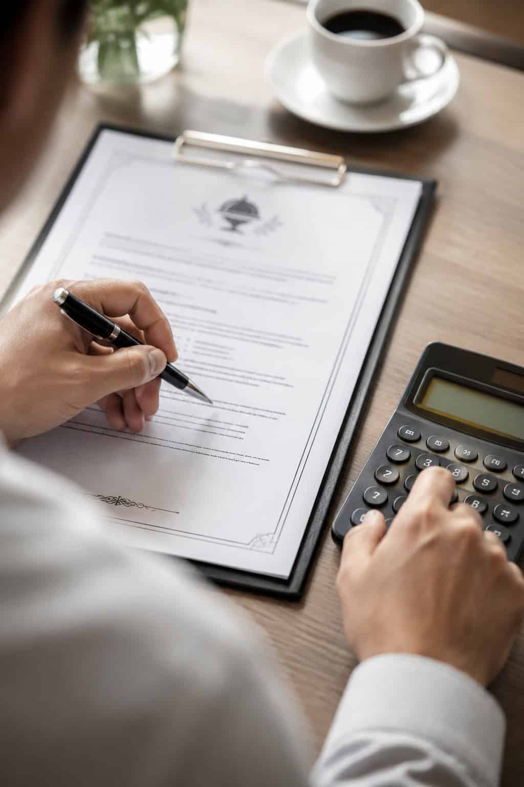 Close up of hands reviewing a catering contract with a calculator