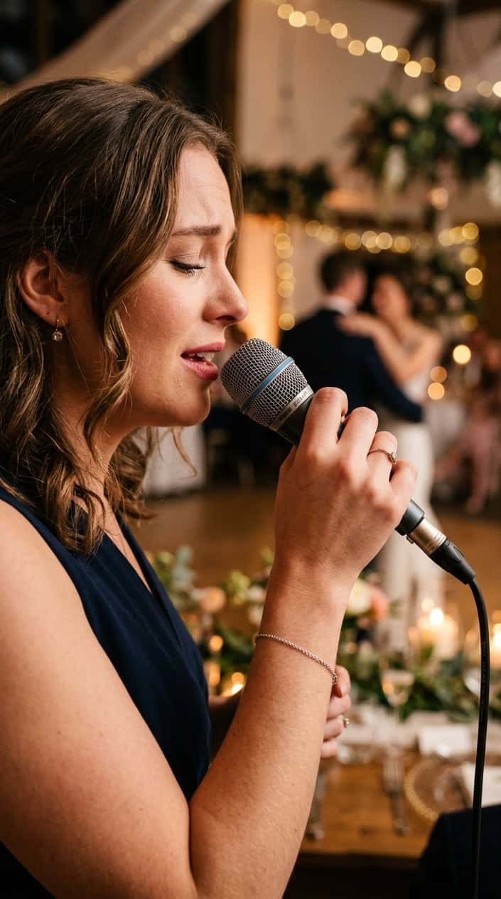 A singer holding a microphone close to their mouth while performing at a wedding reception, softly lit tables and warmly dressed guests visible in the background.