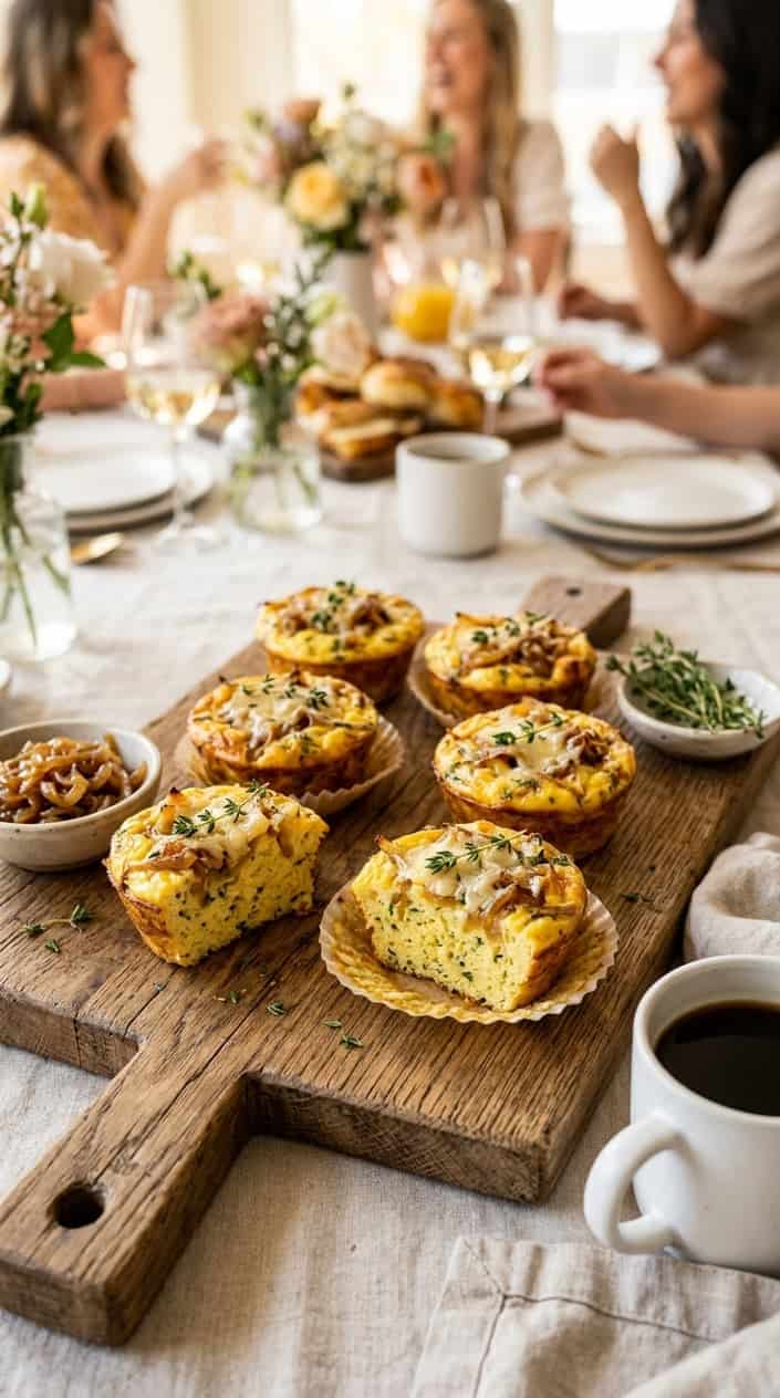Rows of golden mini frittatas topped with deeply caramelized onions and melted Gruyère, arranged on a dark wooden serving board.