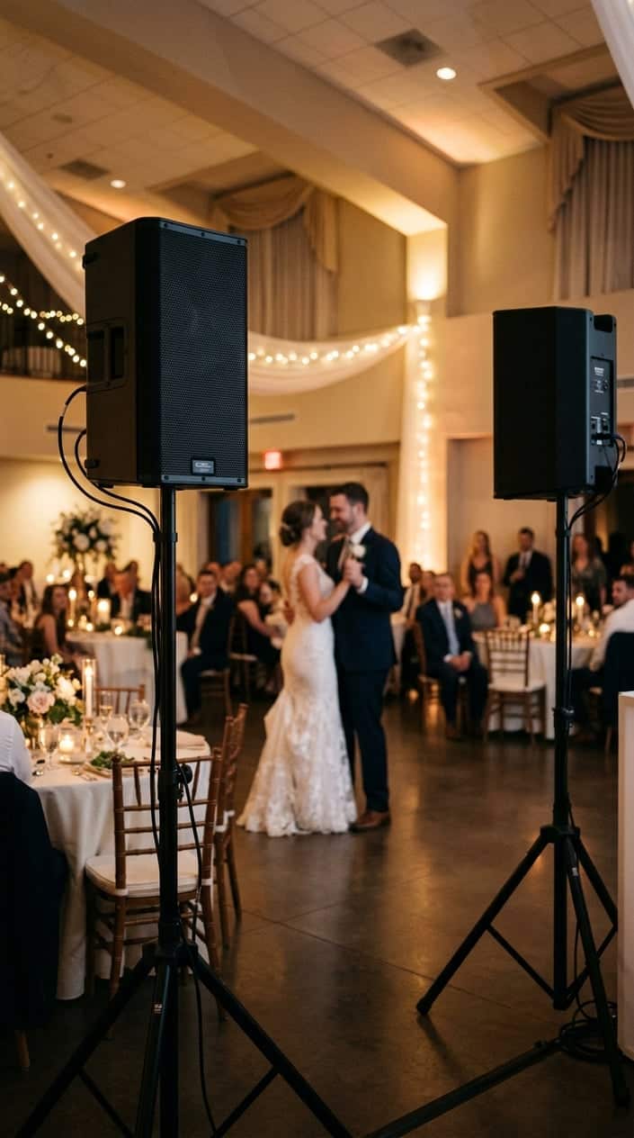 A bride and groom dancing at their wedding reception with two black speaker columns visible in the foreground, guests seated at round tables draped in white linen in the background.