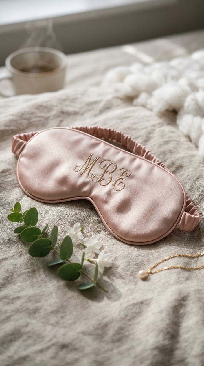 A blush-toned monogrammed silk sleep mask laid flat on a smooth ivory fabric surface, with a small sprig of eucalyptus and a single white flower resting alongside it.
