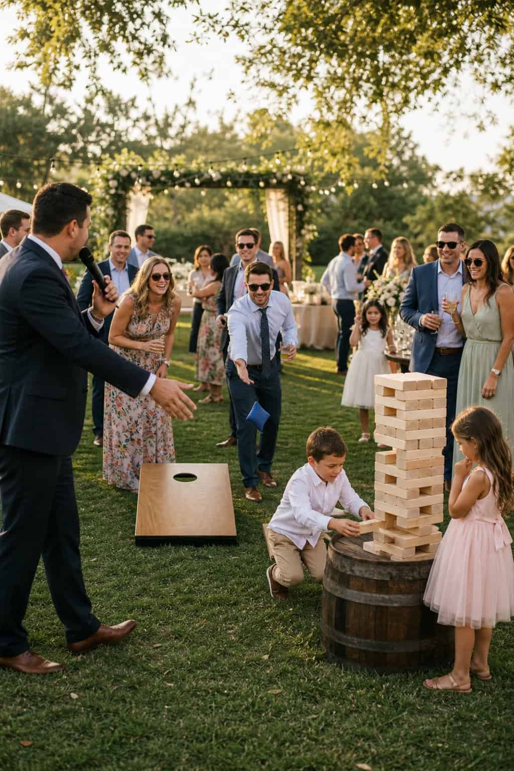Guests playing cornhole and giant Jenga outdoors at a wedding, guided by an MC who is engaging with the crowd.