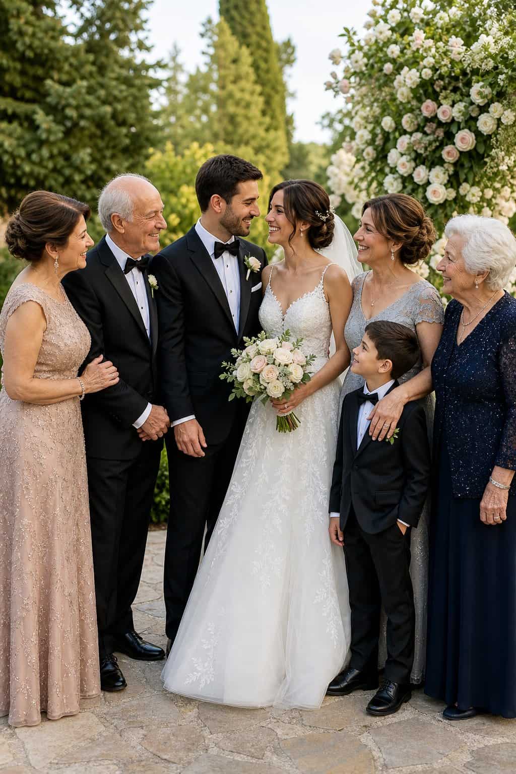 Immediate family members, including parents and grandparents, posing together outdoors during a wedding.