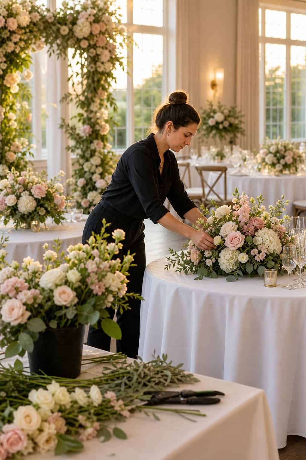 A florist arranging fresh flower bouquets on tables inside a wedding venue during the late afternoon.