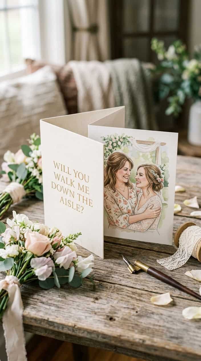 Close-up of a personalized card featuring a soft illustrated portrait of a mother and daughter, resting on a wooden table beside scattered cream roses and wedding ribbon.