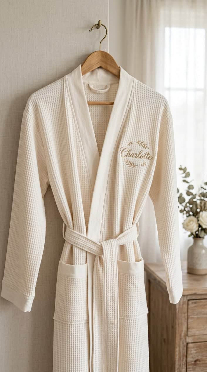 A soft white personalized embroidered robe hanging from a round wooden hanger against a clean light-toned wall, with the embroidered script visible at the chest.
