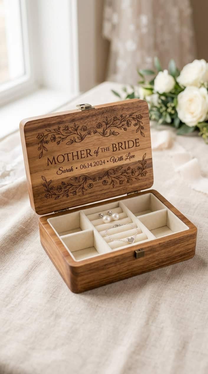 An open engraved wooden jewelry box with pearl earrings and a silver bracelet tucked inside compartments, resting on a soft cream fabric with soft-focus florals behind it.