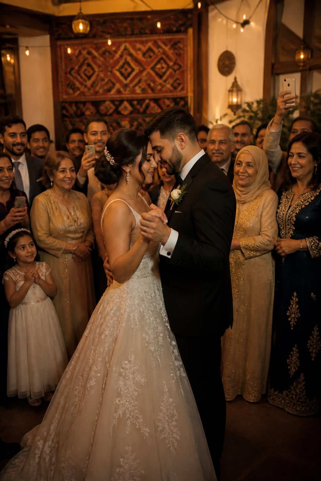 A newlywed couple shares their second dance surrounded by family members in a decorated wedding venue with cultural elements.