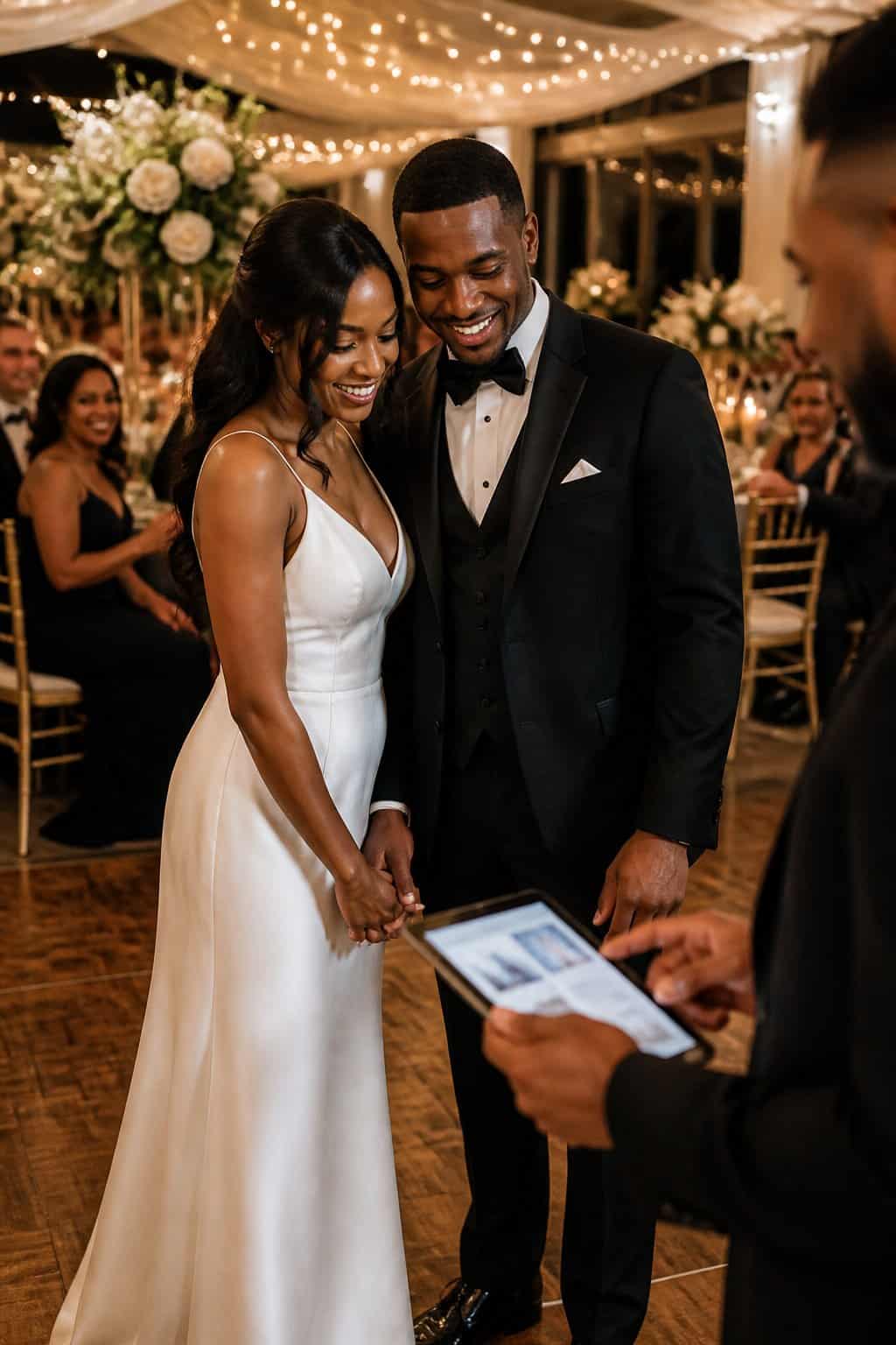 A couple on a dance floor smiling and holding hands while guests watch them at a wedding reception.