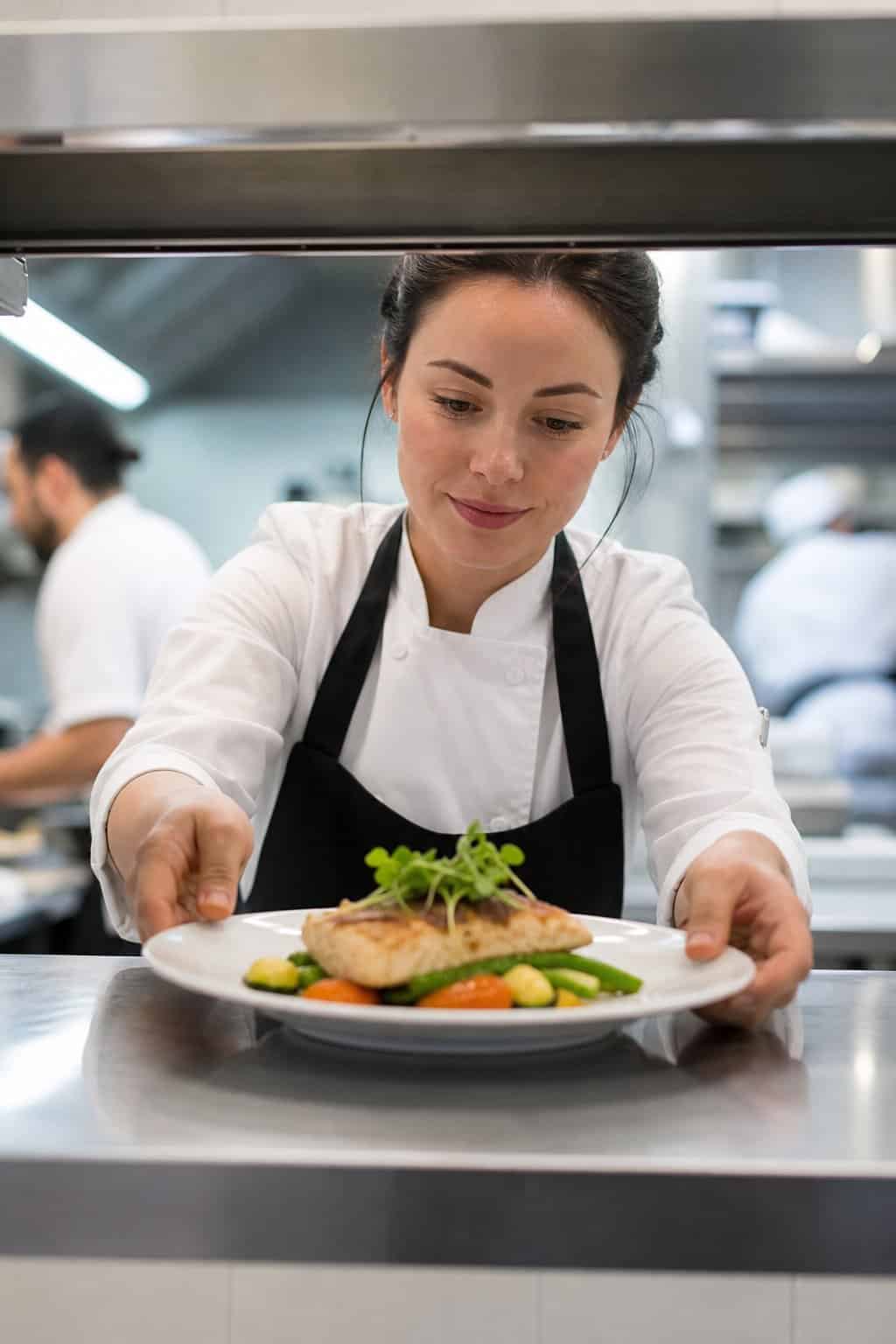 A catering staff member placing a plated sample meal on a pass-through counter in a busy wedding kitchen.