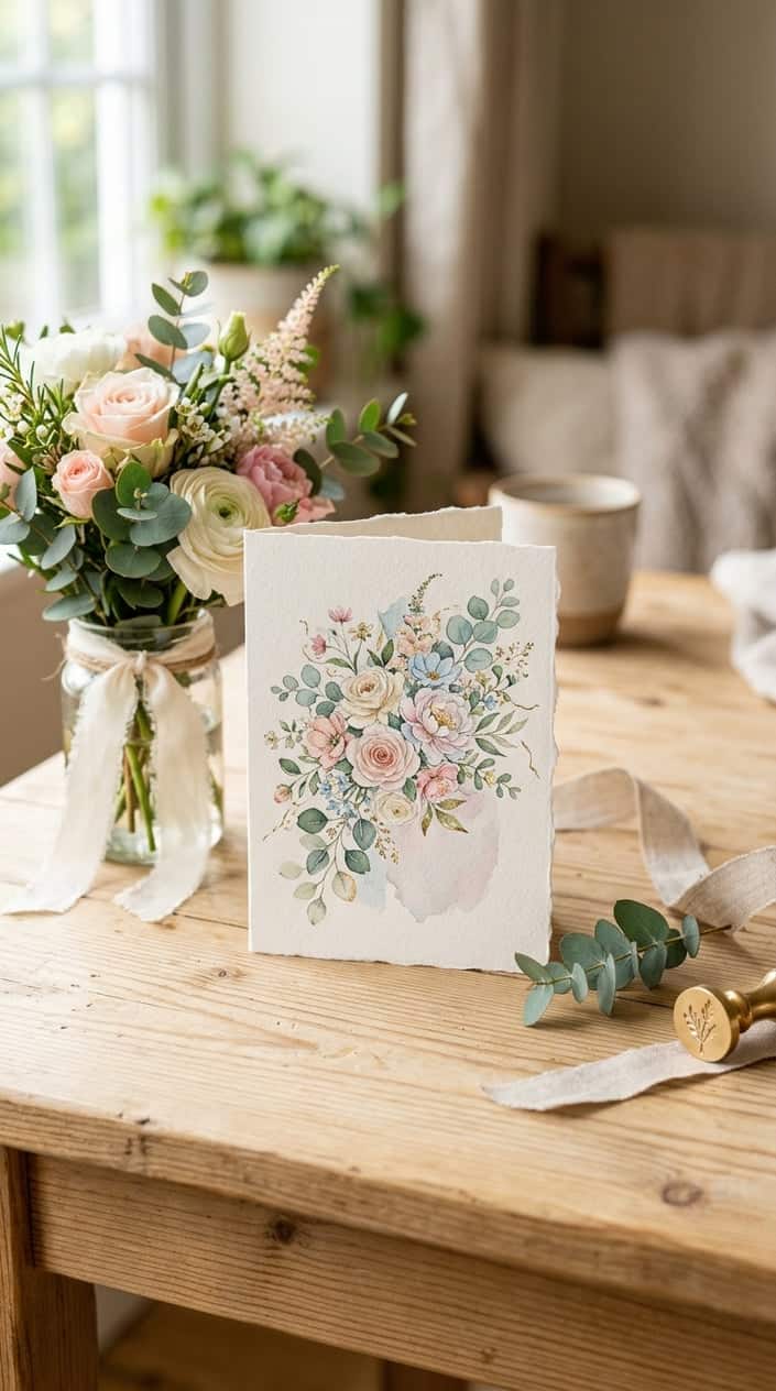 A watercolor greeting card with loose blush and sage floral illustrations, placed on a wooden table beside a satin ribbon and small fresh blooms.