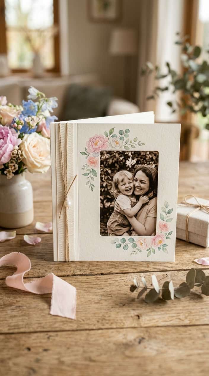 A heartfelt proposal card with a photo pocket insert resting on a wooden table beside small fresh flowers, a cream ribbon, and a vellum envelope.