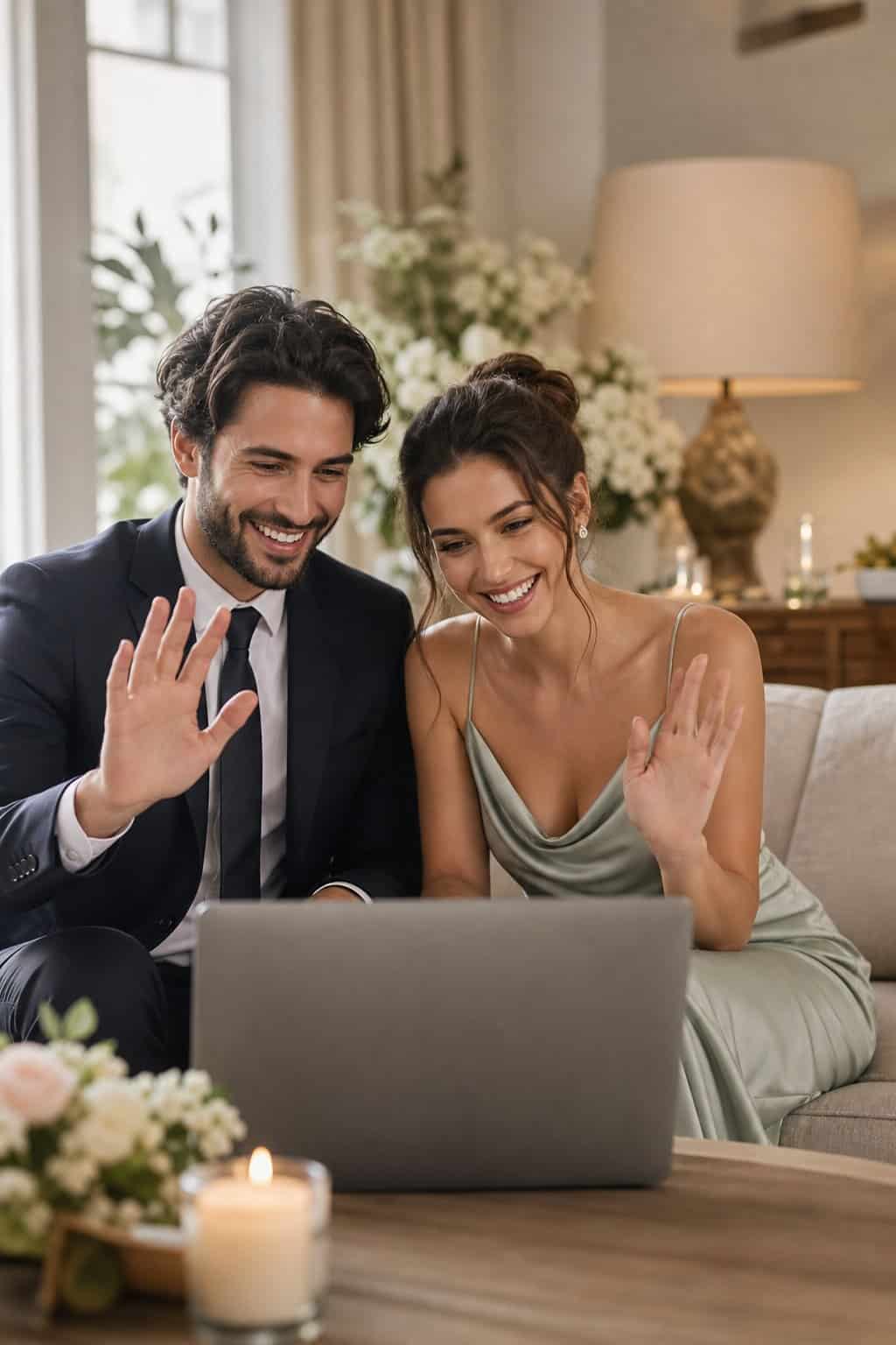 A couple in wedding attire smiling and talking on a laptop video call in a decorated living room.