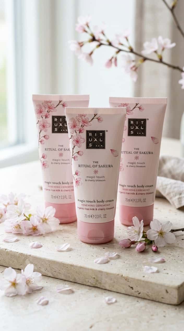 Three slim pink-and-white Rituals hand cream tubes arranged in a loose cluster on a light surface, surrounded by delicate cherry blossom branches.
