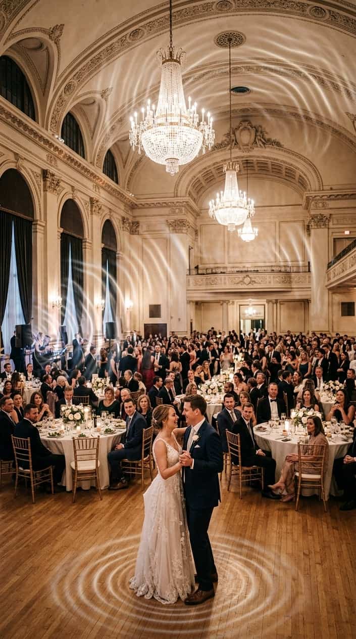 A couple dancing at their wedding reception in a large hall with tall ceilings, guests seated at round tables with floral centerpieces, soft overhead lighting pooling on the dance floor.