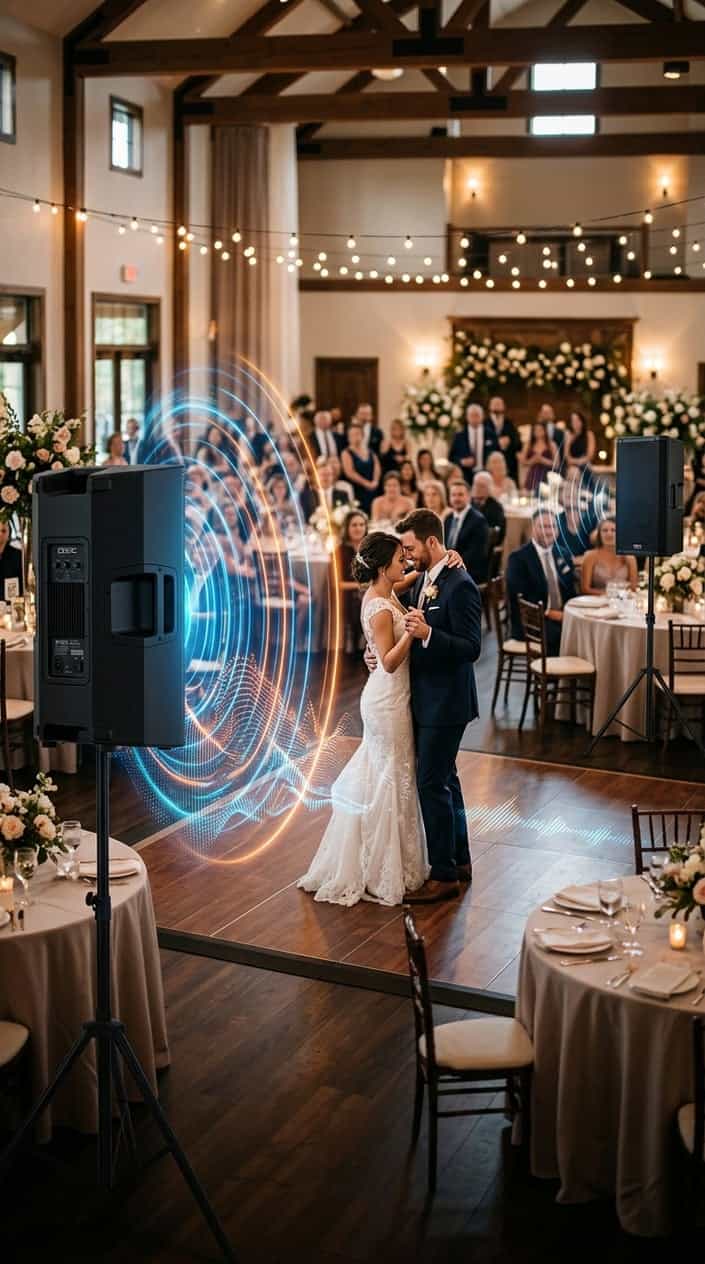 A wide wedding reception hall with parquet dance floor, a couple in the center distance, and a pair of speaker columns positioned to one side, warm uplighting on ivory drapes along the walls.