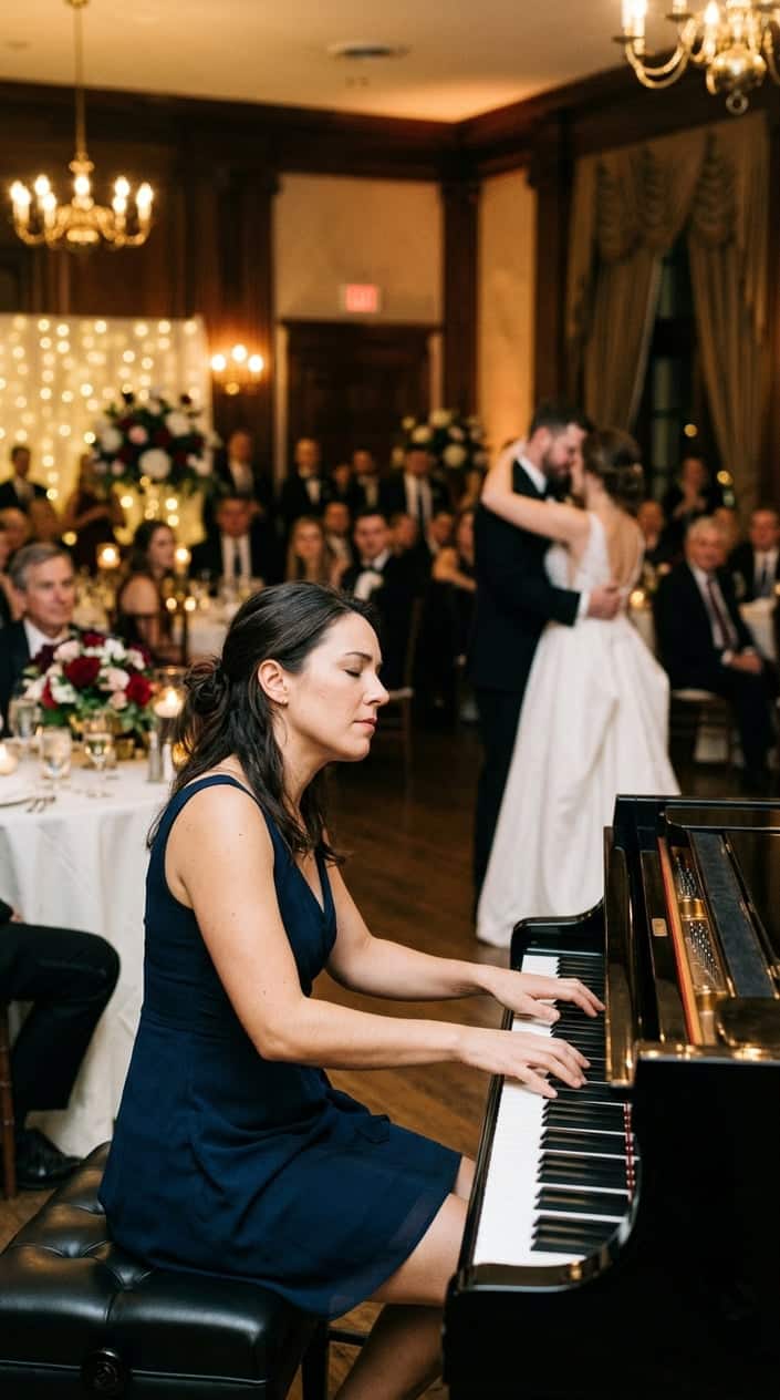 A musician playing violin at a wedding reception, bow mid-stroke, guests and a dancing couple visible in warm, blurred light behind them.