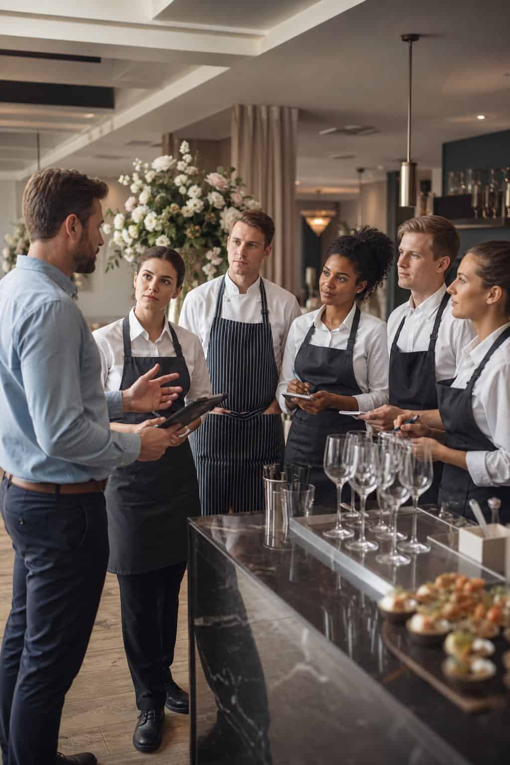 Venue manager discussing plans with kitchen and bar staff in an event venue during wedding preparations.