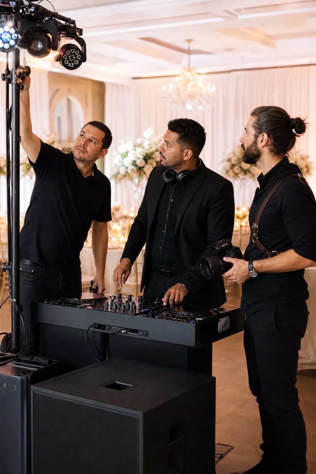 Lighting technician, DJ, and photographer discussing equipment and cues in an event space during a wedding vendor walkthrough.