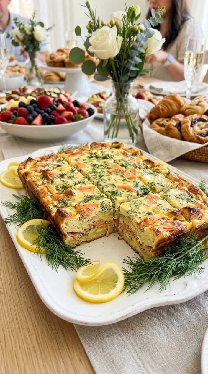 A sliced savory smoked salmon and dill strata on a white ceramic platter, garnished with fresh dill fronds and thin lemon rounds.