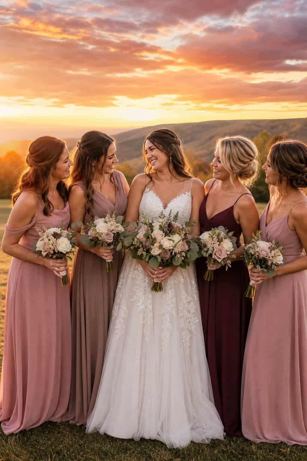 A bride and her bridesmaids smiling together outdoors during a sunset portrait session.
