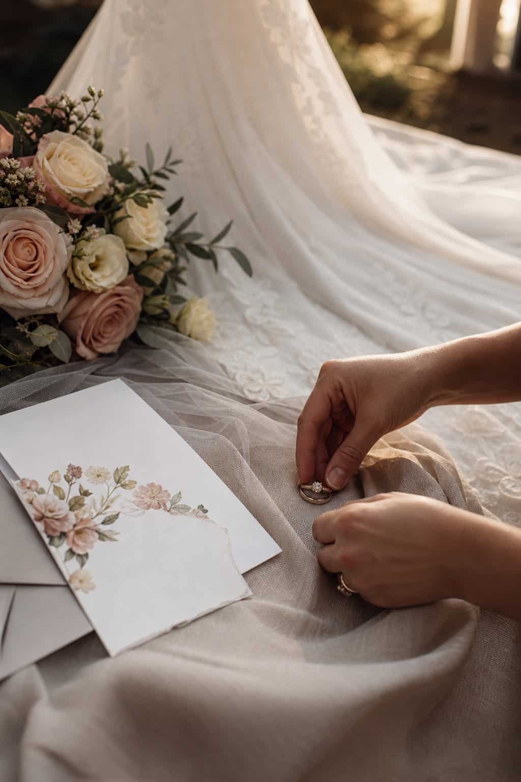 Close-up of a photographer arranging wedding rings, stationery, and a wedding dress train.