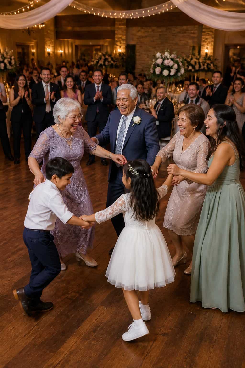 Grandparents and cousins joyfully dancing together at a wedding reception surrounded by smiling guests.