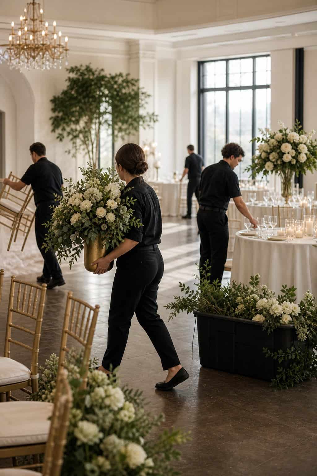 Event staff arranging floral decorations and setting up tables in a wedding venue during a transition between ceremony and reception.