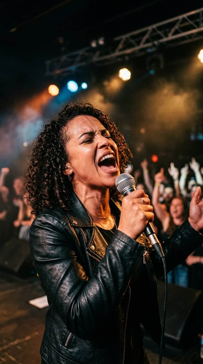 Close-up of a singer performing with eyes closed, microphone held close, stage lights creating a warm halo, audience in soft blur behind them.