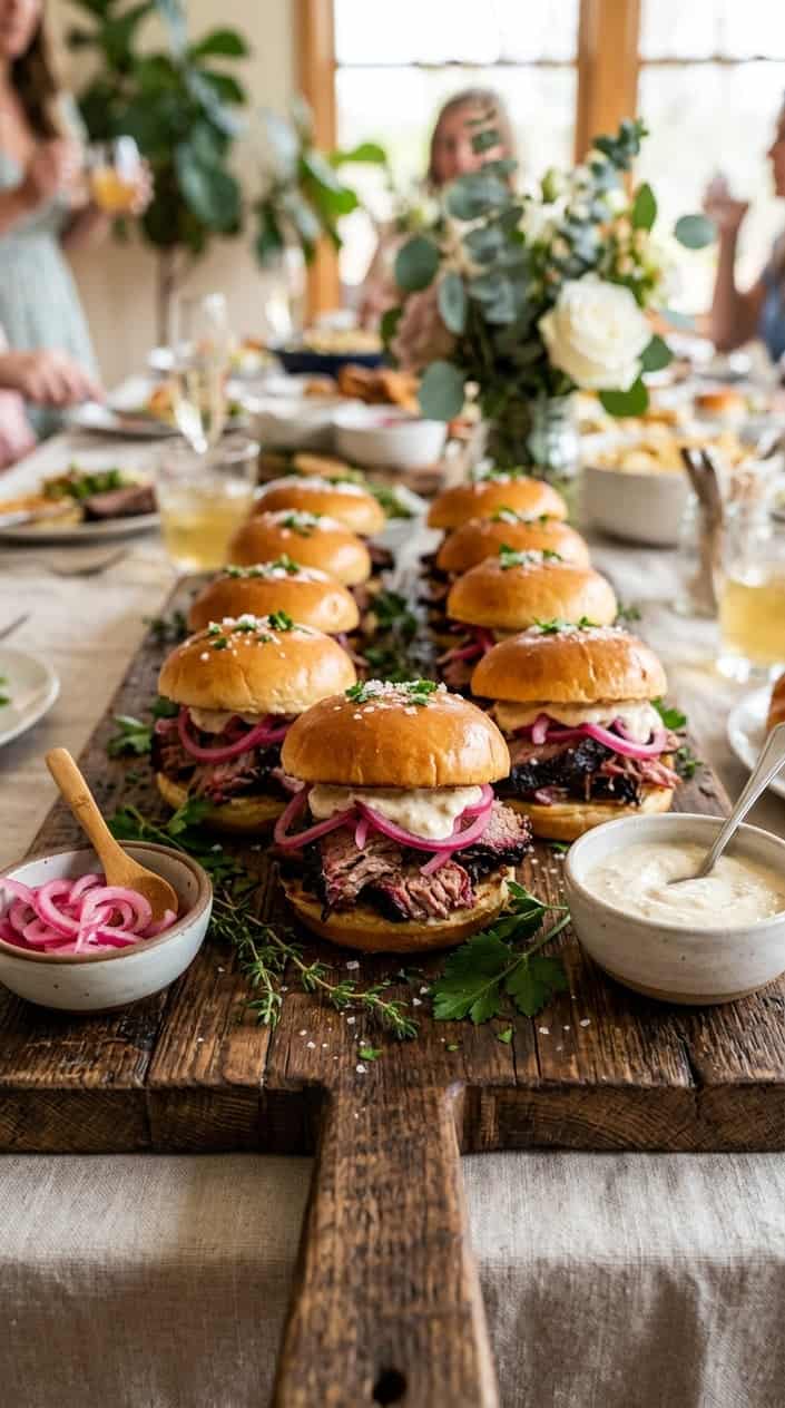 Smoked brisket sliders on soft golden rolls, topped with fuchsia-pink pickled red onions, with small condiment bowls of horseradish aioli arranged on a worn wooden board.