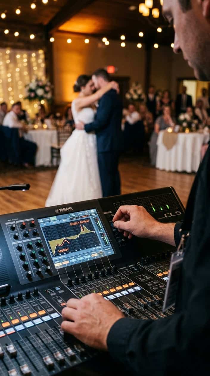 Close-up of hands adjusting an audio mixing console with multiple faders and knobs, a couple dancing in soft focus in the background.