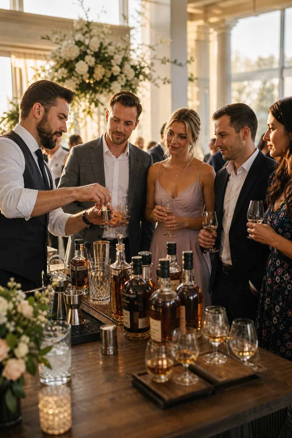 A bartender demonstrates cocktail mixing to a small group of adult guests at a whiskey tasting station during a wedding reception.