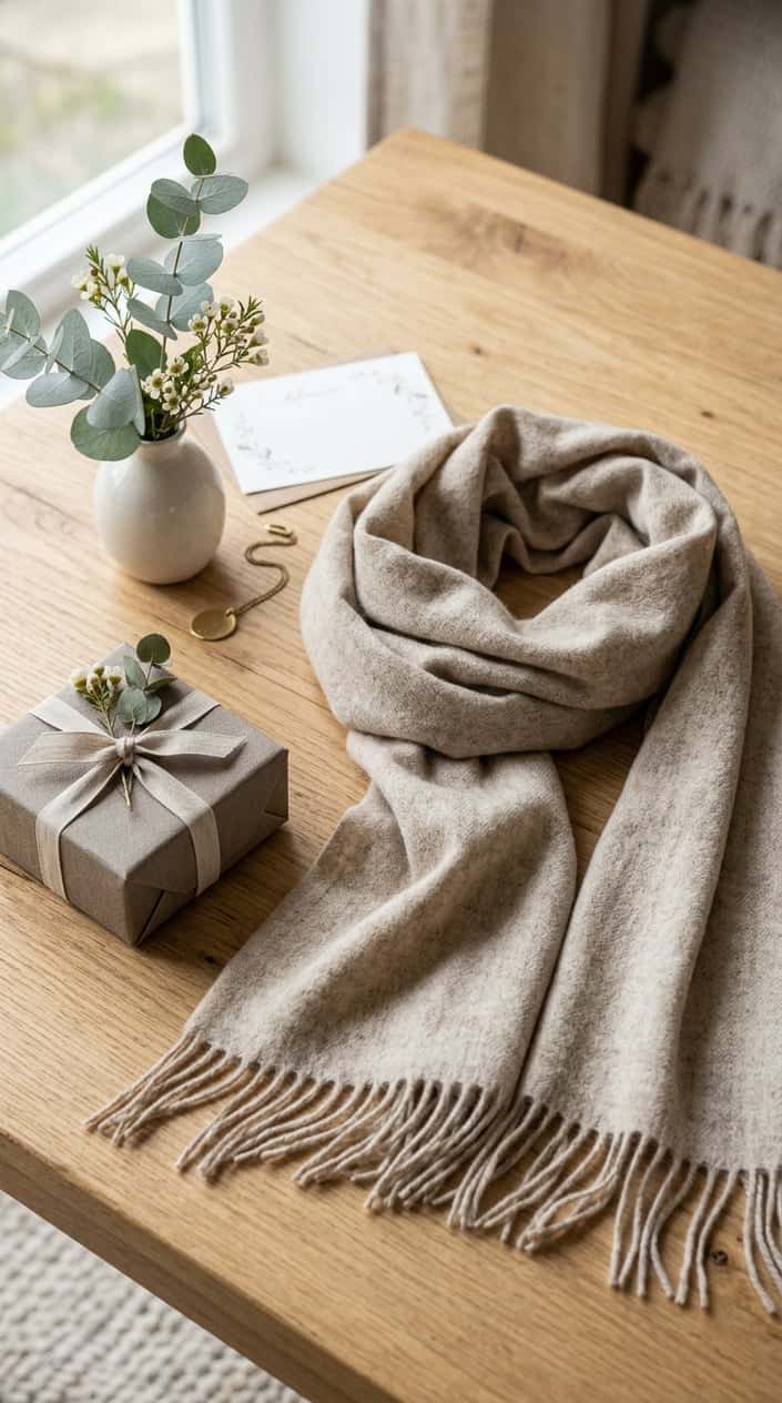 A soft oatmeal-toned cashmere-blend scarf loosely draped over a light wood surface, with a small wrapped gift box and a sprig of greenery placed beside it.