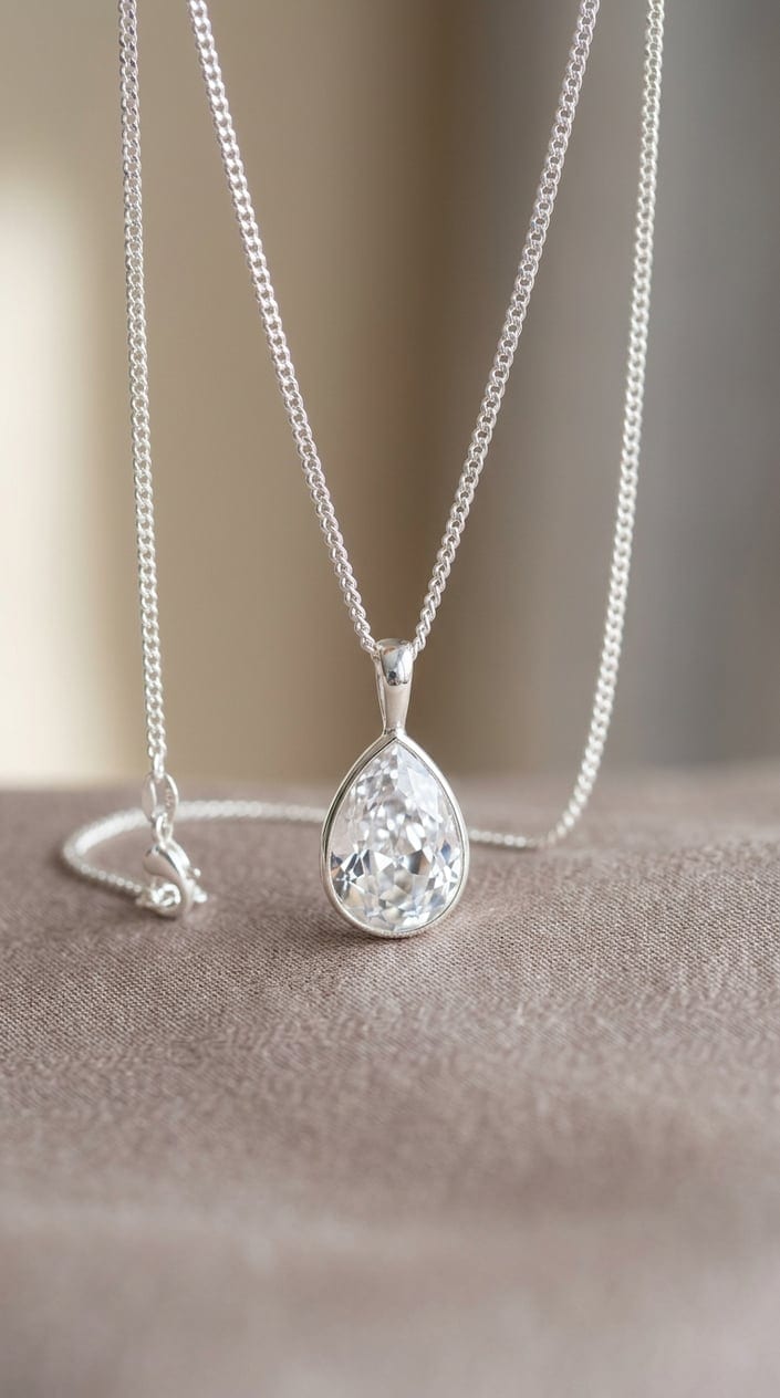 A small faceted Swarovski crystal teardrop pendant on a fine silver-tone chain, photographed against a soft neutral fabric background.
