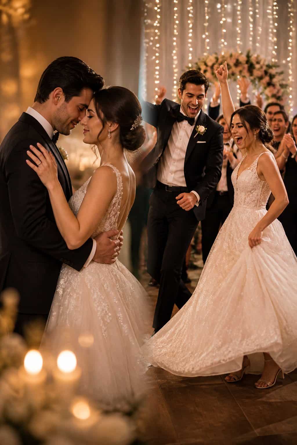 A couple dancing at a wedding, first slow and intimate, then lively and energetic, surrounded by guests in a decorated venue.