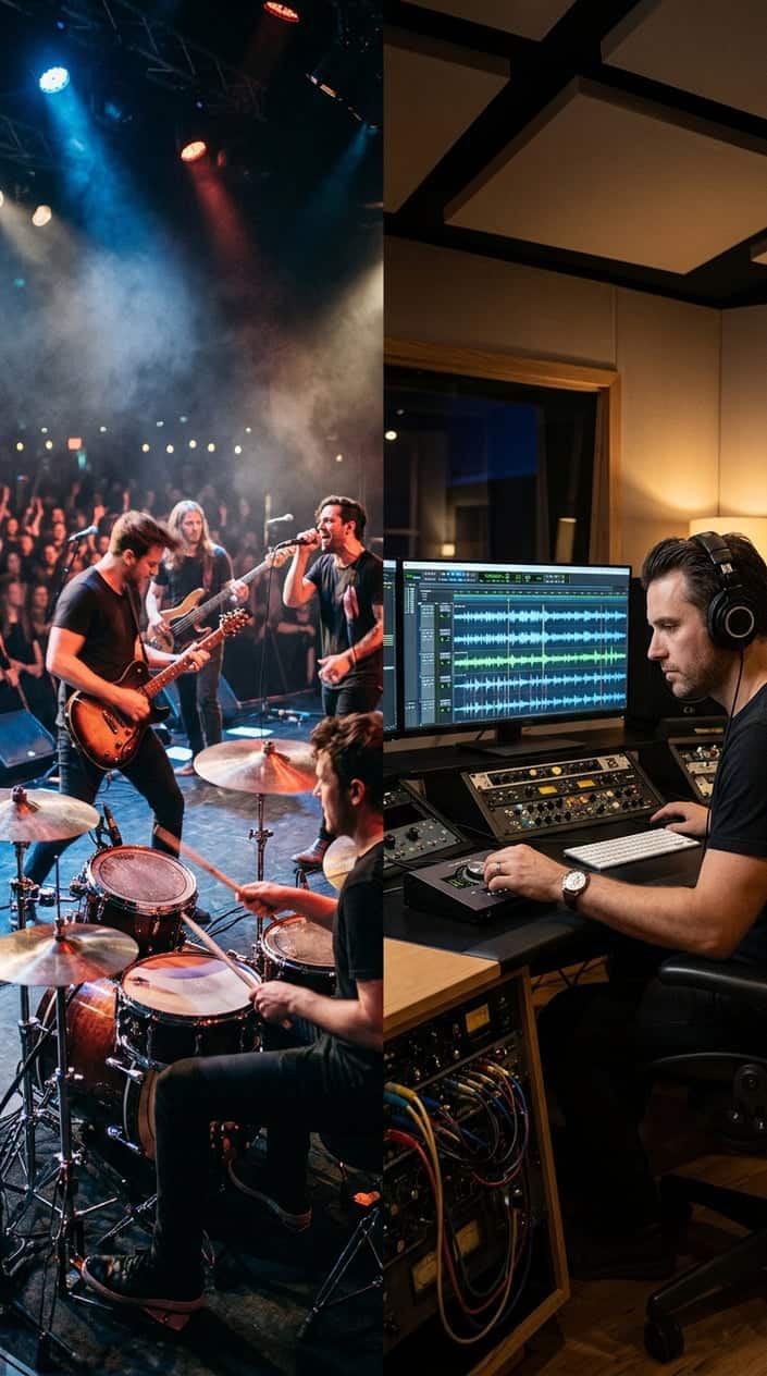 Split image showing a live wedding band performing on a small stage on one side, and a sound engineer seated at a large mixing board under studio lighting on the other.