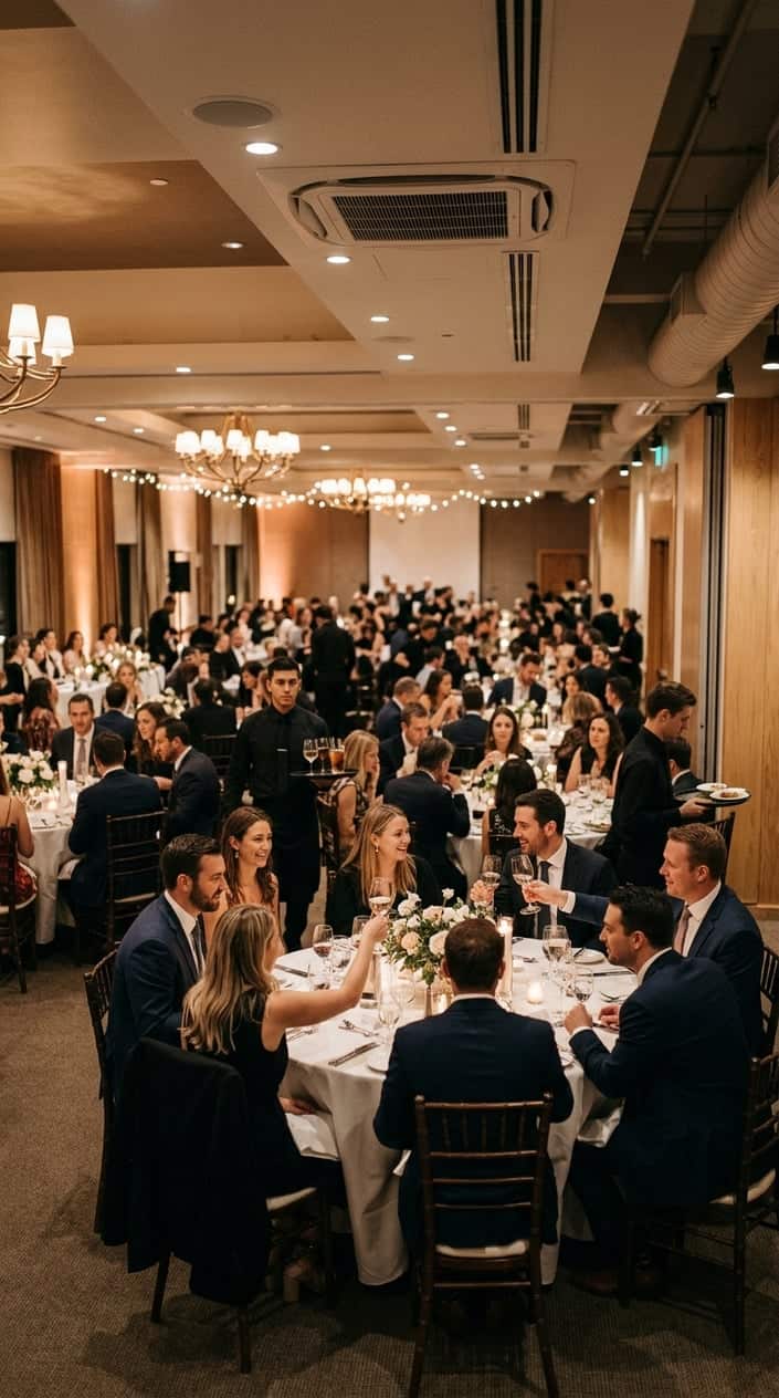 Guests chatting and raising glasses in a softly lit wedding reception hall, visible air conditioning vents on the ceiling above, warm pendant lighting overhead.