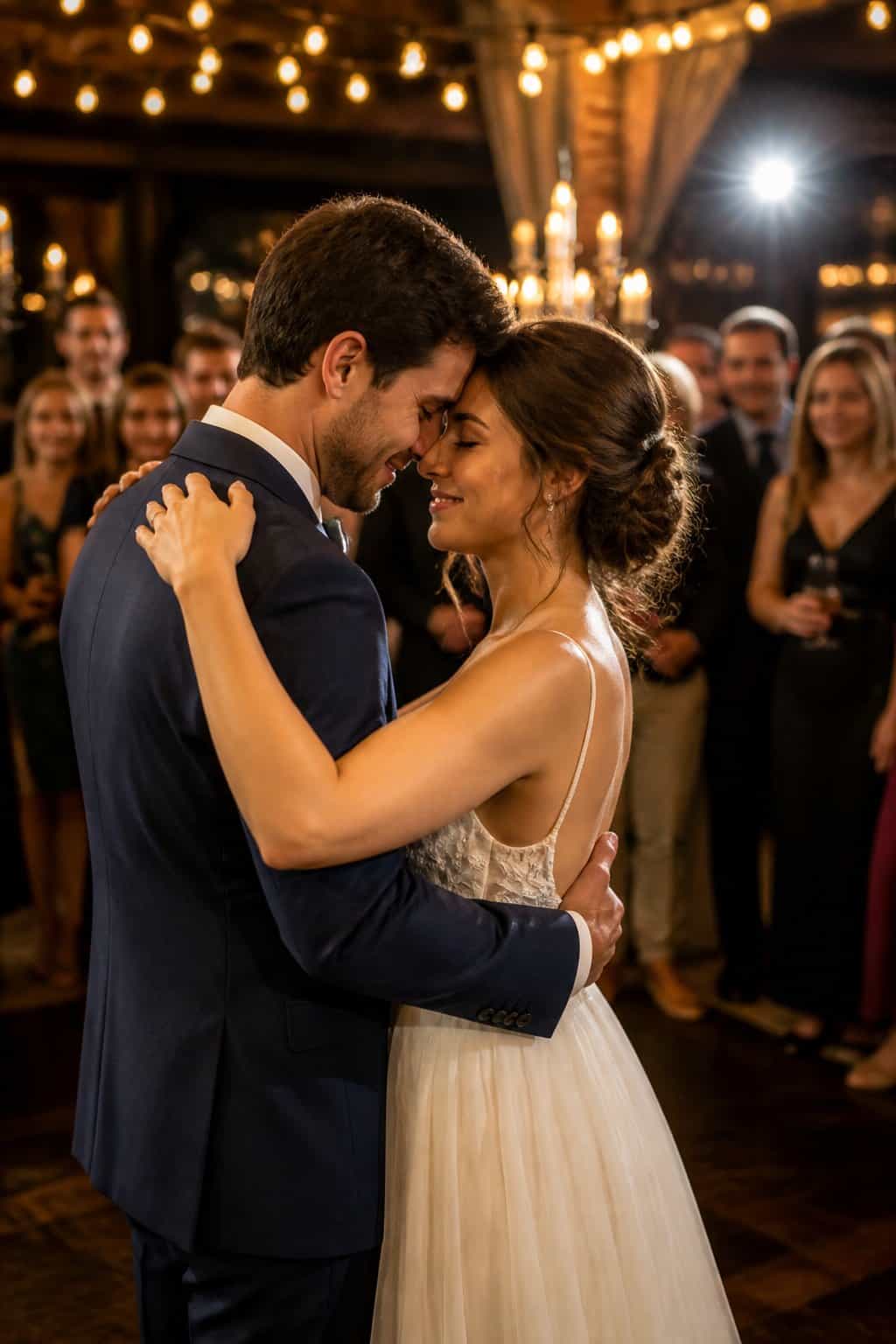 A couple sharing a tender second dance on a softly lit wedding dance floor with guests watching in the background.