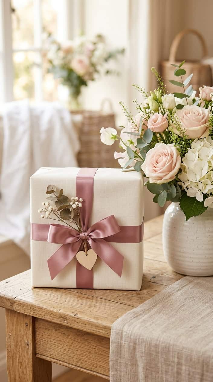 A neatly wrapped gift box with a satin ribbon bow placed beside a fresh mixed-flower bouquet on a pale linen surface.