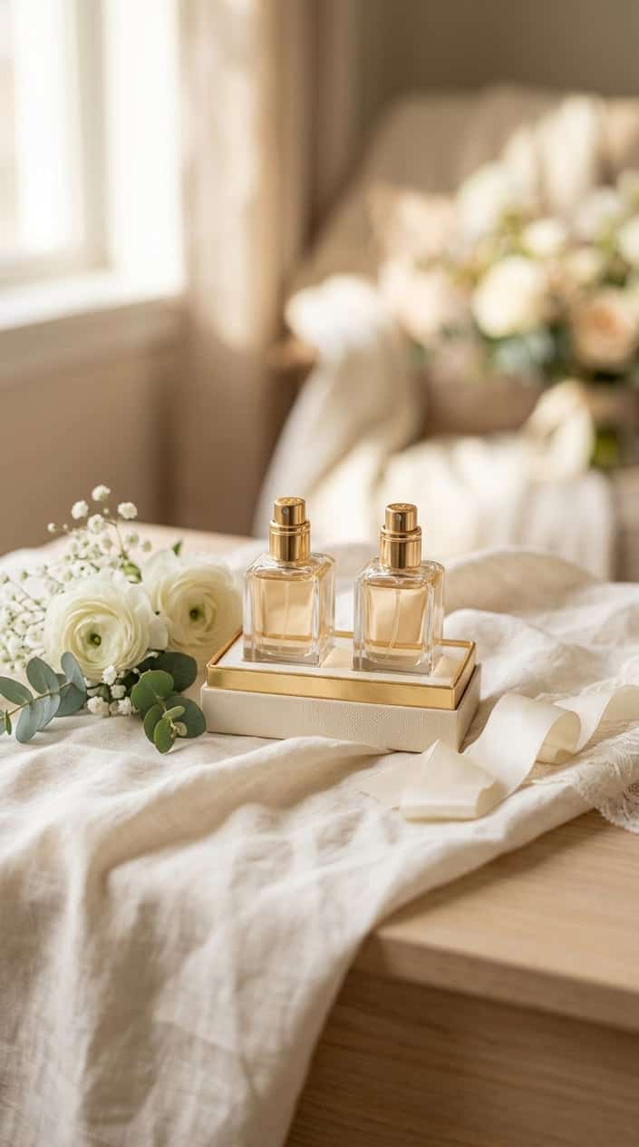 Two petite Tory Burch perfume bottles side by side on a clean white surface, flanked by soft white fabric and a few small flowers.