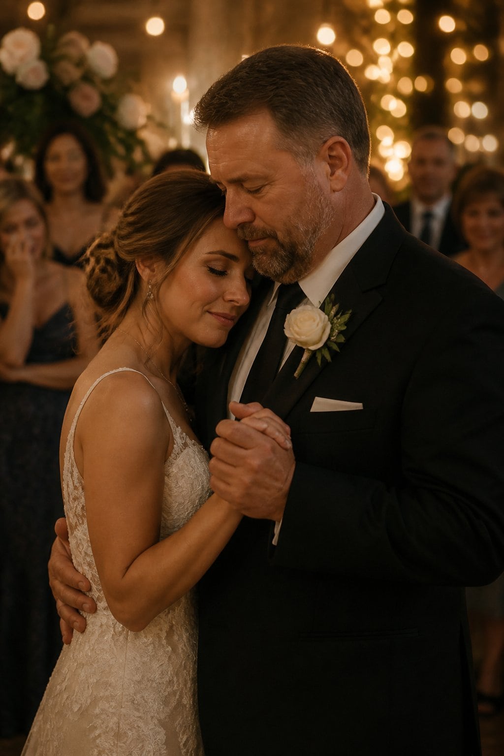 A couple shares a tender second dance at a wedding reception, surrounded by guests watching quietly.