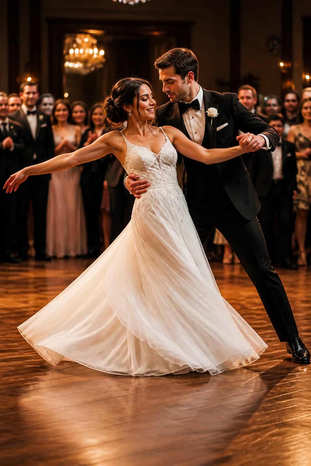 A bride and groom dancing closely together on a wedding dance floor with guests watching in the background.