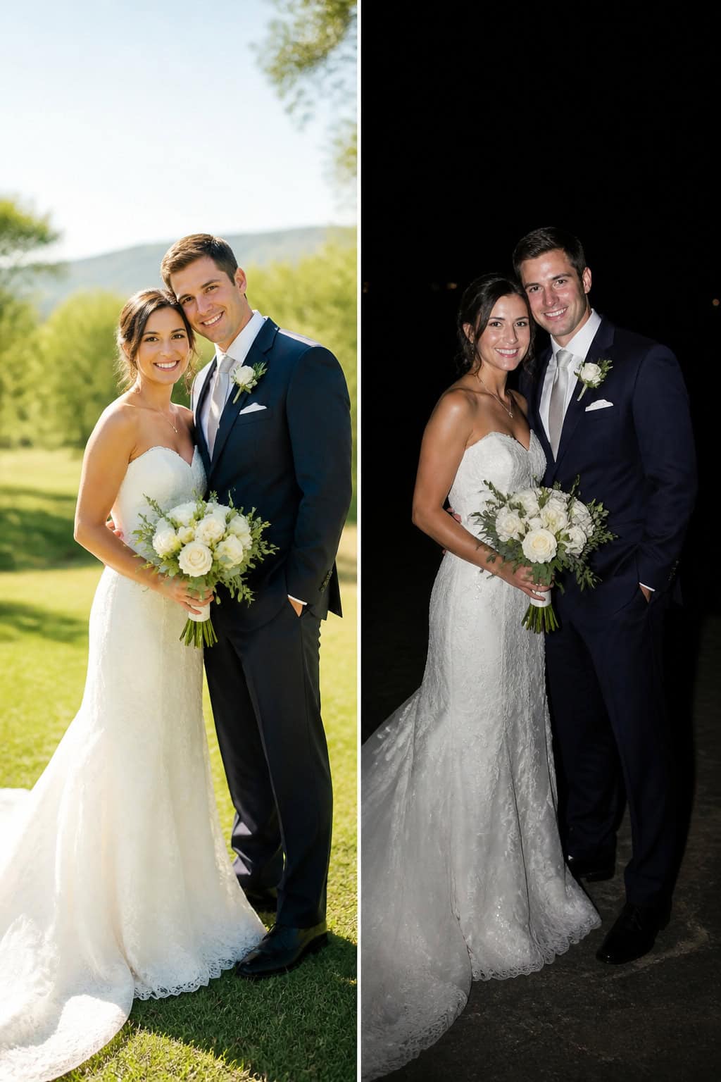 A comparison of a bright natural light wedding portrait and a dark flash-lit wedding portrait.