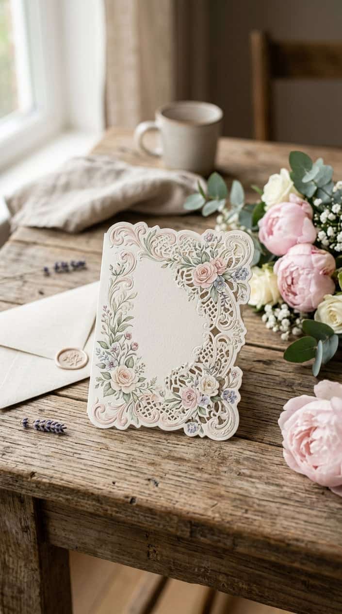 A vintage-style die-cut greeting card with muted sage and dusty rose floral illustrations, resting on a wooden table beside spring blooms and a small ivory envelope.