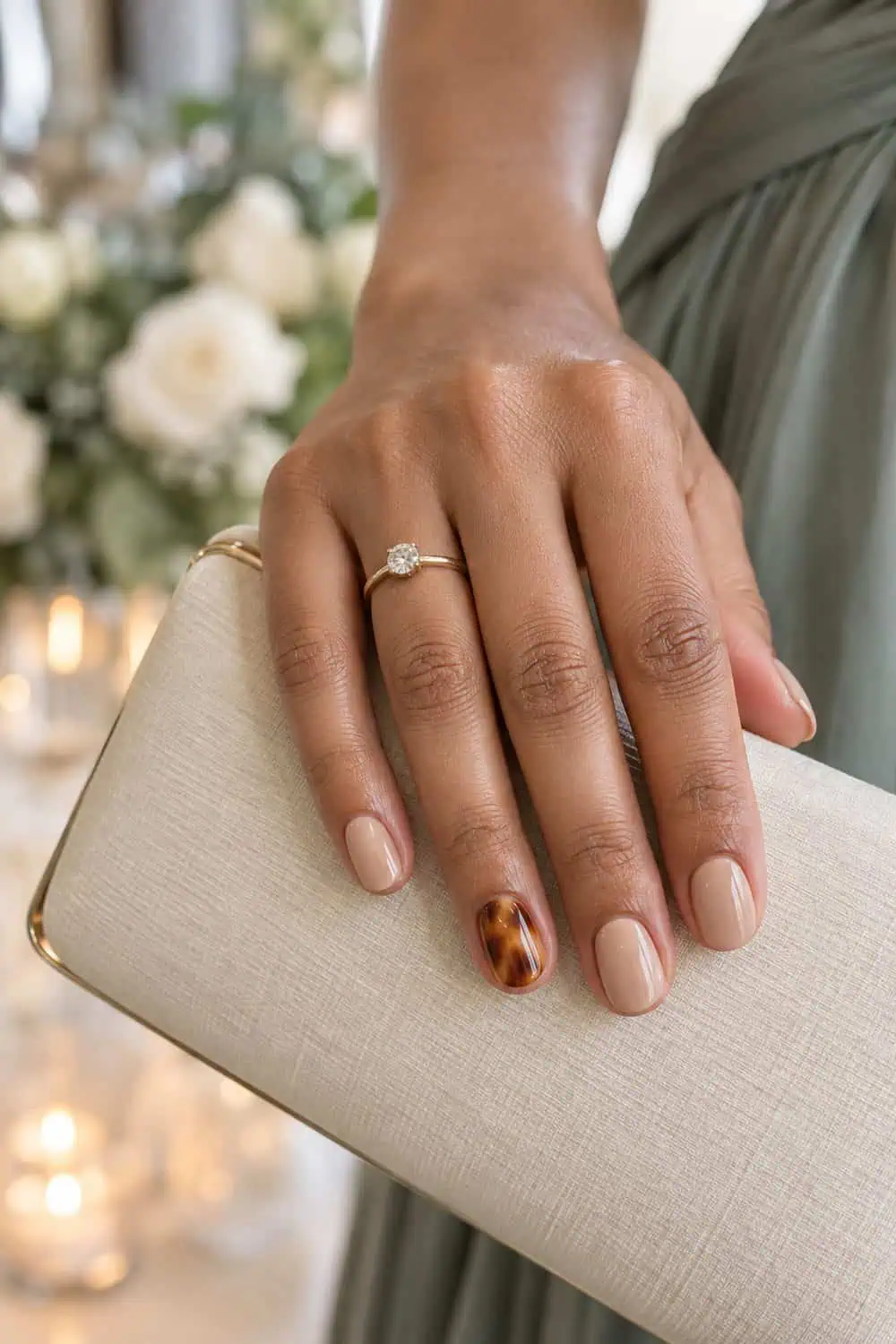 Wedding guest light-brown hand with short oval nails painted warm beige, one ring-finger nail with brown amber tortoiseshell pattern, cream clutch
