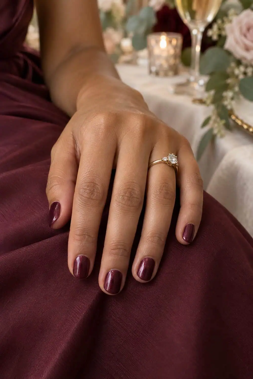 adult wedding guest's olive-toned hand with short rounded nails painted deep berry with fine shimmer, burgundy fabric nearby