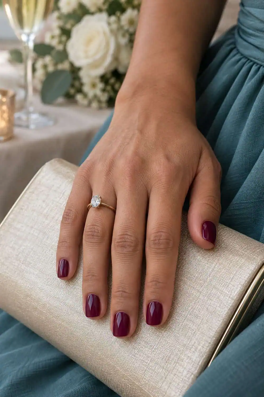 Wedding guest warm tan hand with short soft-square nails painted solid berry, muted teal dress fabric nearby