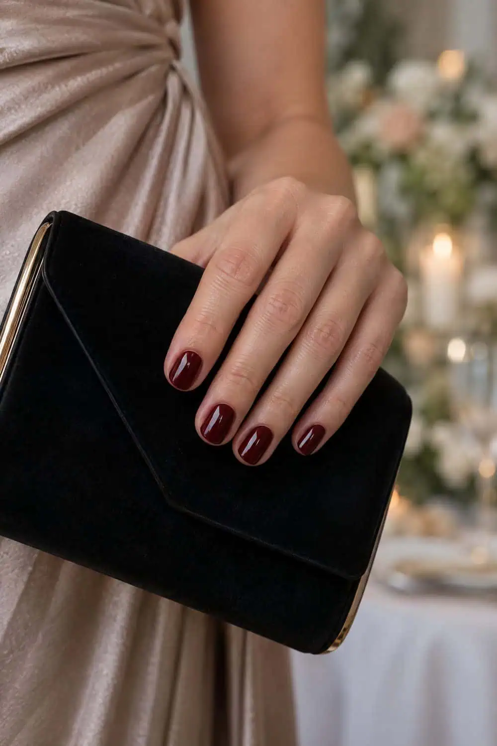 adult wedding guest's fair hand with short rounded nails painted glossy black-cherry red, holding a black clutch