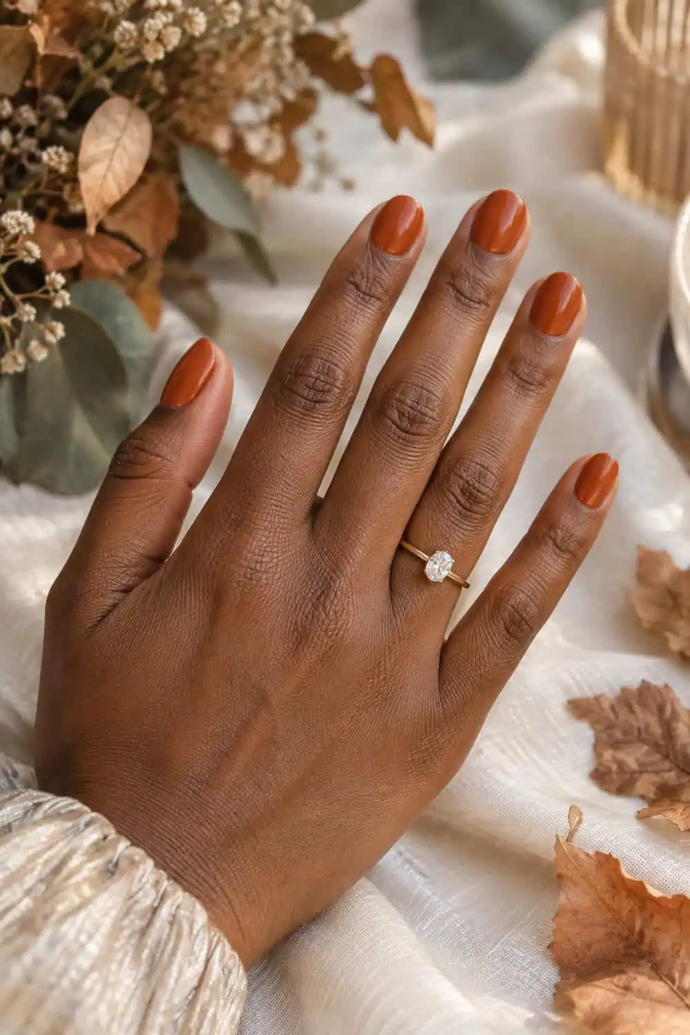 Wedding guest medium-deep brown hand with short oval nails painted glossy burnt orange, dried leaves softly blurred nearby